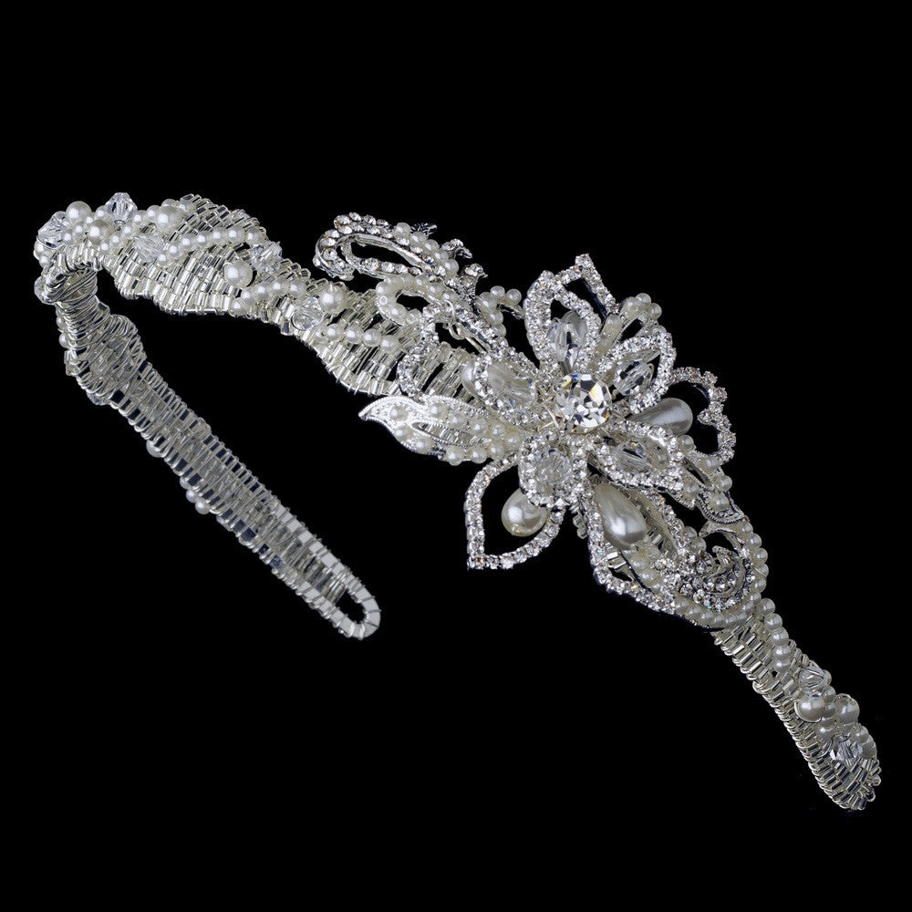 Pearl & Rhinestone Couture Side Accented Flower Bridal Wedding Headband - HP 8354