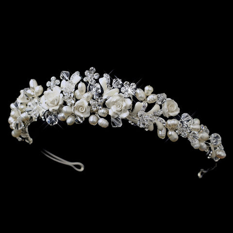 Silver Ivory Freshwater Pearl, Swarovski Crystal & Rhinestone Flower Bridal Wedding Tiara Headpiece 8384