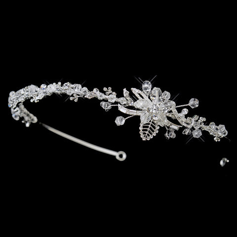 * Silver Clear Swarovski Crystal Floral Leaf Side Accented Headpiece 8441