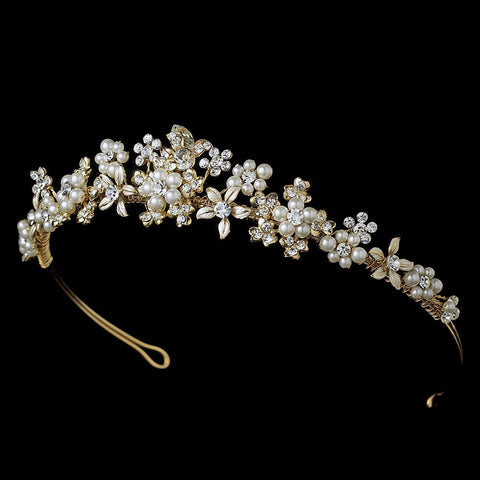 Gold & Ivory Pearl Floral Bridal Wedding Tiara HP 8452