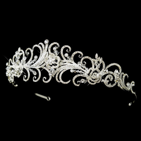 Antique Silver Clear Rhinestone & Crystal Beads Swirl Bridal Wedding Tiara Headpiece 863