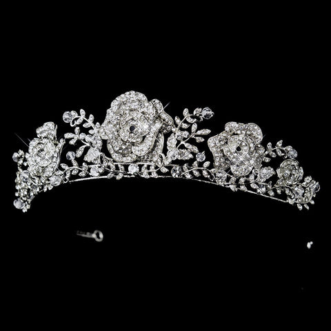 Antique Silver Clear Rhinestone Flowers & Leaves Bridal Wedding Tiara Headpiece 868