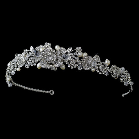 Antique Silver Clear Rhinestone & Freshwater Pearl Rose Bridal Wedding Tiara Headpiece 869