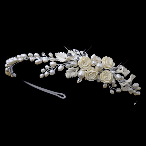 Silver Freshwater Pearl, Rhinestone, Ivory Porcelain Flower and Leaf Side Accented Bridal Wedding Headband Headpiece 8739