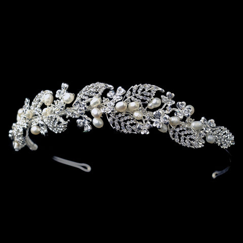 Silver Freshwater Ivory Pearl & Rhinestone Vine Lead Bridal Wedding Headband Headpiece 9055