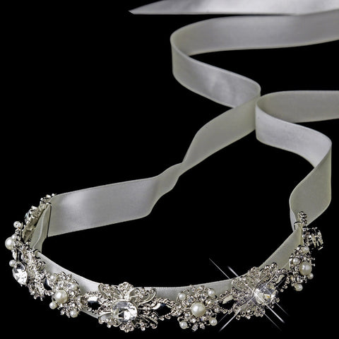 Antique Silver Crystal & Ivory Pearl Bridal Wedding Ribbon Bridal Wedding Headband Headpiece 931