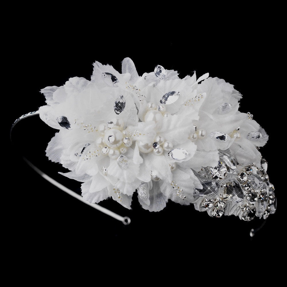 * Silver Rhinestone Ivory Applique Bridal Wedding Headband HP 937