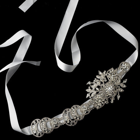 Silver Clear Rhinestone & White Ribbon Bridal Wedding Belt or Bridal Wedding Headband 960