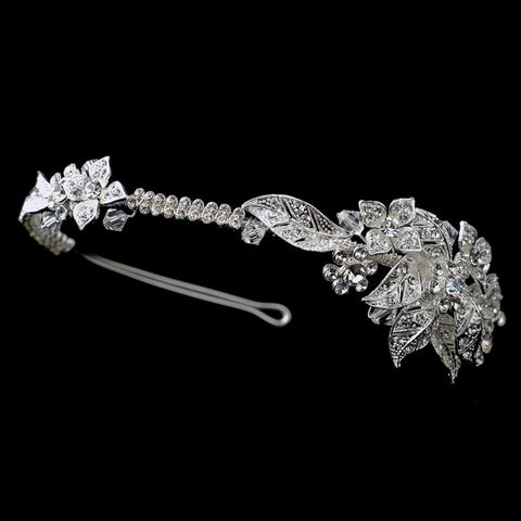 Side Accenting Rhinestone Floral Leaf Bridal Wedding Headband in Silver 9600