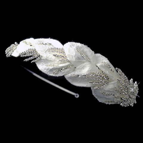 * Silver Plated Bridal Wedding Headband with Diamond White Fabric Sparkling Rhinestone 9604