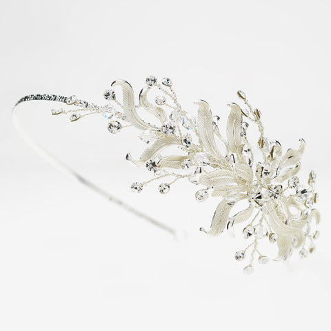 Silver Floral Vine Side Accented w/ Crystal Bead & Rhinestone Bridal Wedding Headband Headpiece 9606