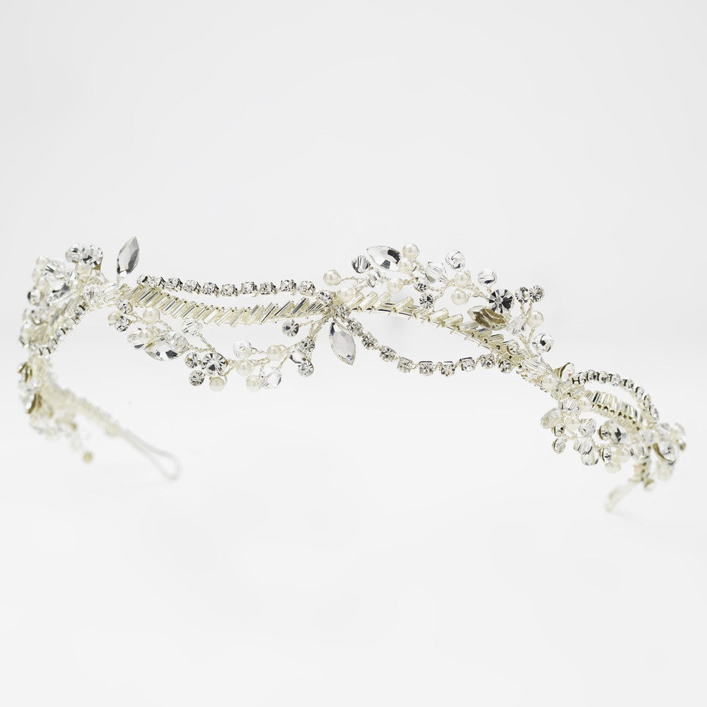 Sparkling Silver Woven Bridal Wedding Headband of Pearls Rhinestones Crystals 9607