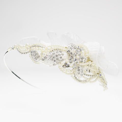 Exquisite Side Accented Rhinestone, Pearl & Ivory Tulle Bridal Wedding Headband 9609