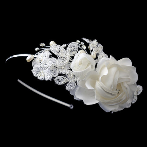 Dainty Side Accented Ivory Fabric Lace Flower Bridal Wedding Headband