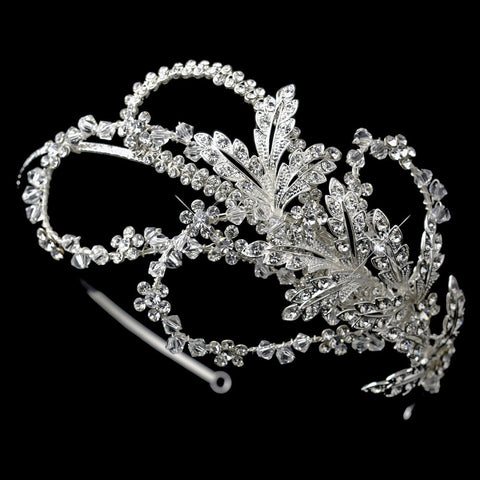Extravagant Side Accented Rhinestone Leaf & Flower Petal Bridal Wedding Headband in Silver 9615