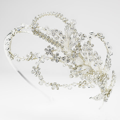 Extravagant Side Accented Rhinestone Leaf & Flower Petal Bridal Wedding Headband in Silver 9615