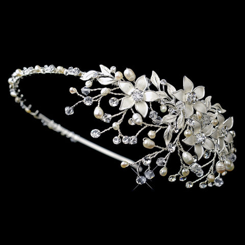 Freshwater Pearl Crystal & Rhinestone Flower Side Accented Bridal Wedding Headband in Silver 9616