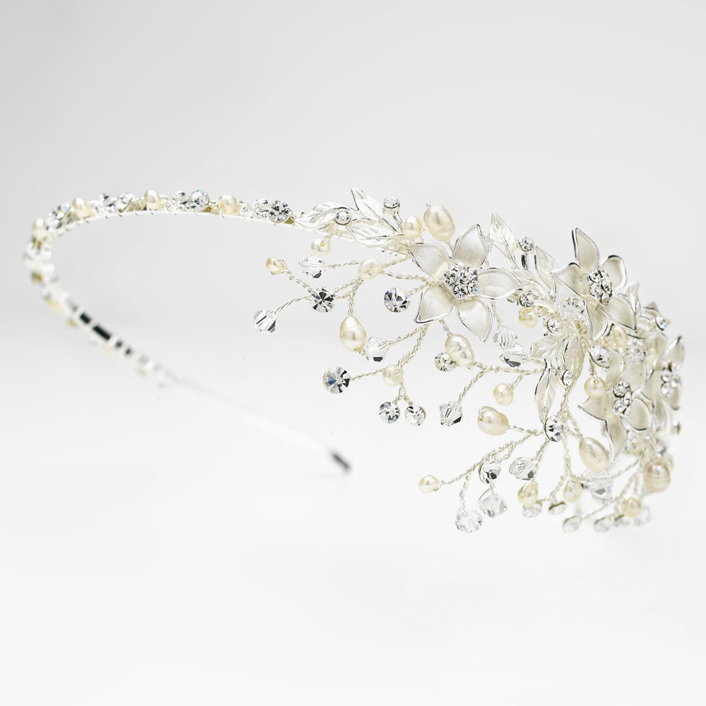 Freshwater Pearl Crystal & Rhinestone Flower Side Accented Bridal Wedding Headband in Silver 9616