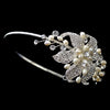 Silver Bridal Wedding Headband with Rhinestone & Ivory Pearl Side Accenting Flower 9618