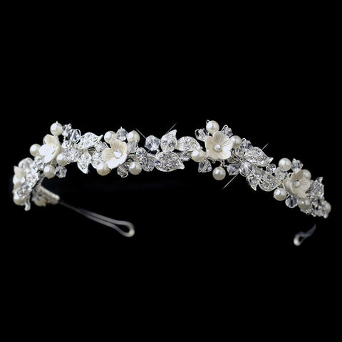Diamond White Resin Flower Pearl & Crystal Bridal Wedding Headband in Silver 9619