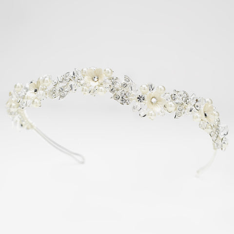 Diamond White Resin Flower Pearl & Crystal Bridal Wedding Headband in Silver 9619
