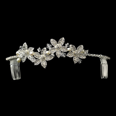 Silver White Pearl & Rhinestone Accent Floral Bridal Wedding Hair Comb 9626