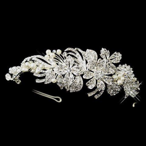 Silver Ivory Pearl & Crystal Flower Side Accented Bridal Wedding Headband Headpiece 963