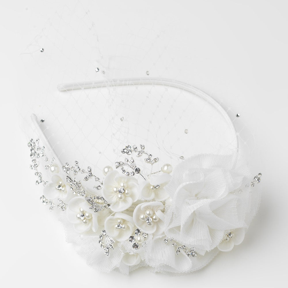 Elegant Ivory Floral Bridal Wedding Headband Blusher in Ivory Pearls & Sparkling Rhinestones 9661