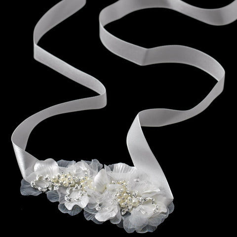 Rhinestone & Pearl Ivory Flower Ribbon Bridal Wedding Headband or Bridal Wedding Belt 9664