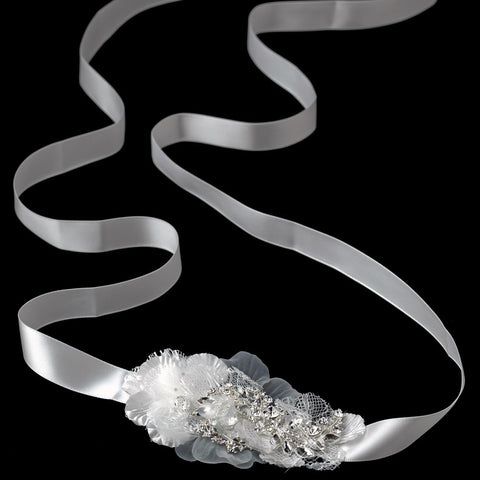Silver Rhinestone Accentuated Ivory Flower Bridal Wedding Belt or Bridal Wedding Headband 9666