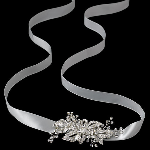 Ivory Ribbon Bridal Wedding Headband with Rhinestone Pave Flower Side Accent / Bridal Wedding Belt 9667