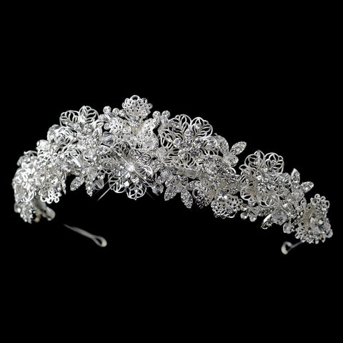 Silver Clear Rhinestone & Swarovski Crystal Bead Floral Bridal Wedding Tiara Headpiece 9687