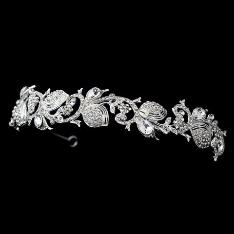 Silver Clear Rhinestone Floral Flower and Leaf Swirl Bridal Wedding Headband Headpiece 9709
