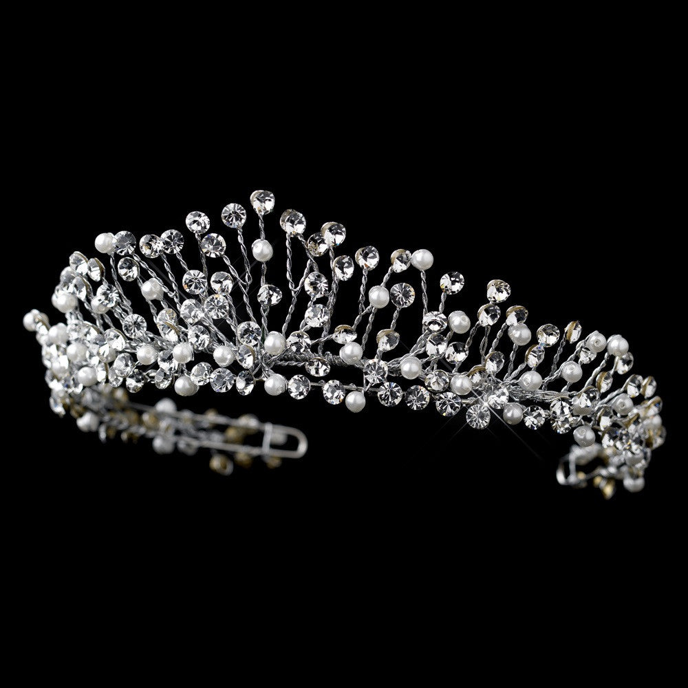 Antique Silver Diamond White Pearl & Rhinestone Bridal Wedding Tiara Headpiece 9710