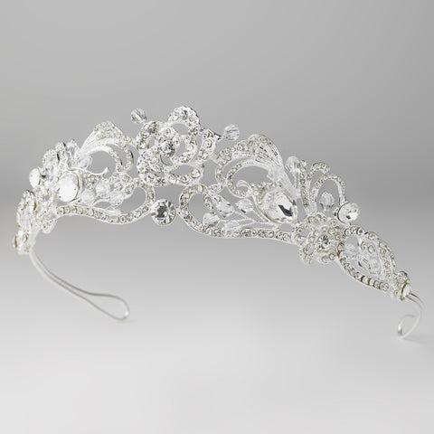 Silver Clear Swarovski Crystal Bead & Rhinestone Floral Swirl Bridal Wedding Tiara Headpiece 9712