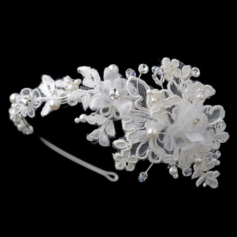 Silver Diamond White & Swarovski Crystal Bead Side Accented Embroidered Mesh Fabric Bridal Wedding Headband Headpiece 9713