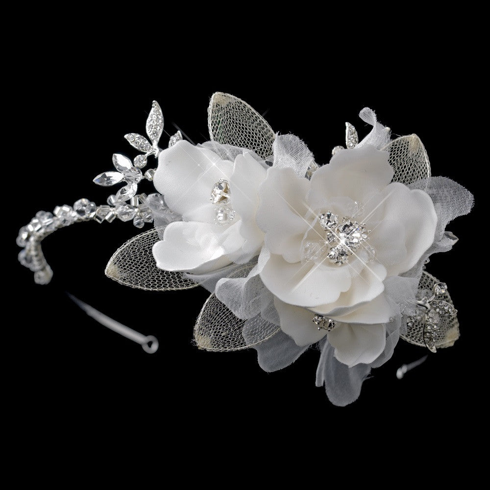 Silver Ivory Fabric Flower with Swarovski Crystal & Rhinestone Side Accented Matte Satin Fabric Flower & Mesh Petal Bridal Wedding Headband Headpiece 9714