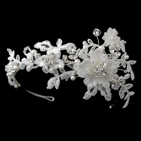 Silver Diamond White Pearl, Swarovski Crystal & Rhinestone Embroidered Fabric Flower Side Accented Bridal Wedding Headband Headpiece 9715