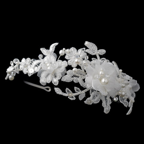 Silver Ivory Pearl, Swarovski Crystal Bead & Rhinestone Embroidered Side Accented Bridal Wedding Headband Headpiece 9716