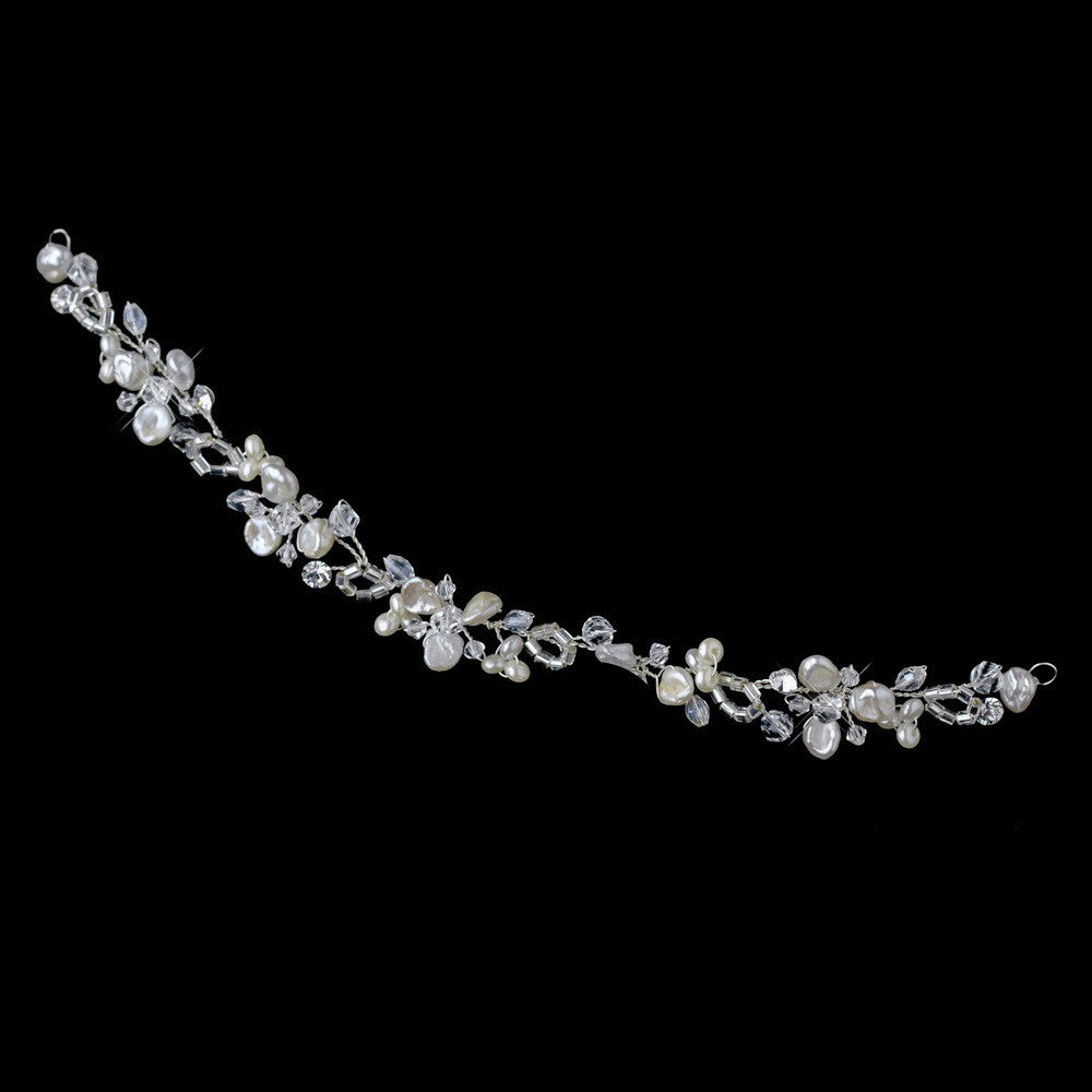 Silver Freshwater Pearl & Swarovski Crystal Bead Flexible Bridal Wedding Headband Headpiece 9735
