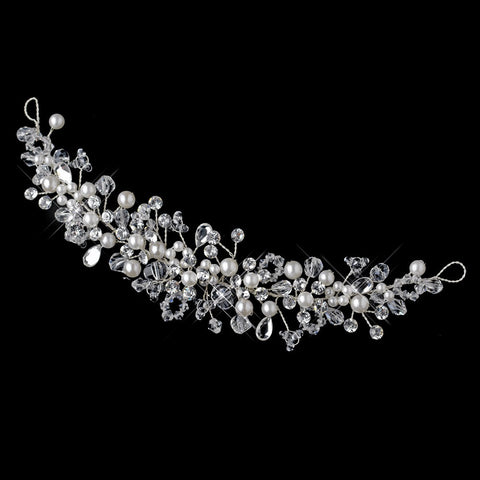 Silver Diamond White Pearl, Swarovski Crystal Bead & Rhinestone Bridal Wedding Headband Headpiece 9736