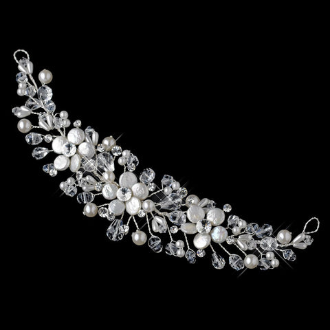 Silver Freshwater Coin Pearl, Swarovski Crystal Bead, Rhinestone & Sequin Flexible Bridal Wedding Headband Headpiece 9737