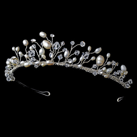 Stunning Silver Clear Crystal & Freshwater Pearl Bridal Wedding Tiara Headpiece 9784