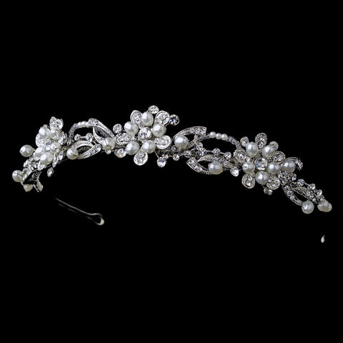 Divine Antique Silver Clear Crystal & Ivory Pearl Flower Headpiece 9838