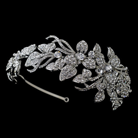 Antique Silver Clear Rhinestone Side Accented Flower Vine Bridal Wedding Headband Headpiece 9875