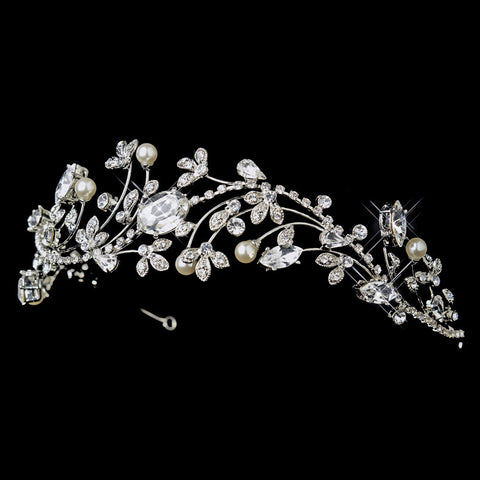 Antique Silver Diamond White Pearl & Marquise Crystal Side Accented Bridal Wedding Tiara Bridal Wedding Headband 9970