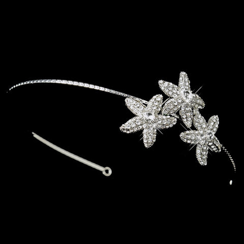 Antique Silver Clear Rhinestone Triple Starfish Side Accented Bridal Wedding Headband Headpiece 9971