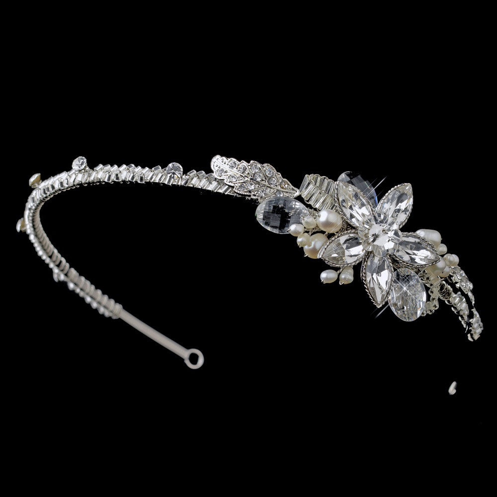 Silver Ivory Pearl & Clear Rhinestone Side Accented Bridal Wedding Headband Headpiece 9990