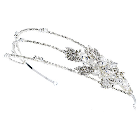 Silver Clear Princess Cut Rhinestone & Austrian Crystal Bead Floral Leaf Triple Side Accented Bridal Wedding Headband Headpiece 9991