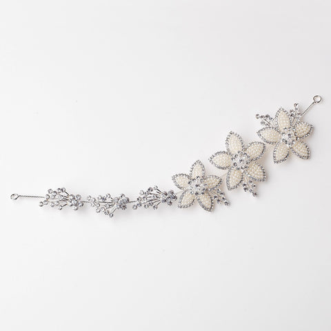 Silver Flower Bridal Wedding Hair Adornment with Ivory Pearls Rhinestones